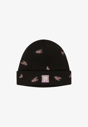 Zwarte beanie van gebreide stof, voorzien van een roze borduursel van bladeren en harten, met een roze label waarop het 'ROXY' merklogo staat.