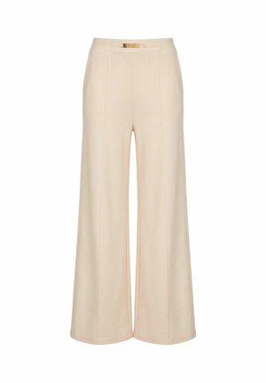 Pantaloni beige a gamba larga con vita alta e piccolo dettaglio con fibbia dorata sulla cintura, mostrati su sfondo bianco.