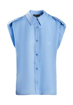 Lichtblauwe korte mouw shirt met een kraag, knoopsluiting en knopen op de schouders. Gemaakt van een glad materiaal met een relaxte pasvorm.