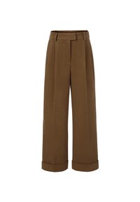 Hoge taille bruine wijde broek met riemlussen, voorplooien, verborgen ritssluiting en omslagzoom.