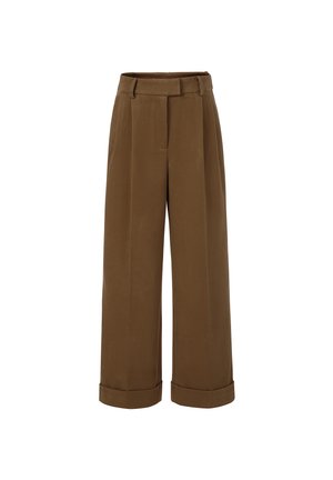 Hoge taille bruine wijde broek met riemlussen, voorplooien, verborgen ritssluiting en omslagzoom.