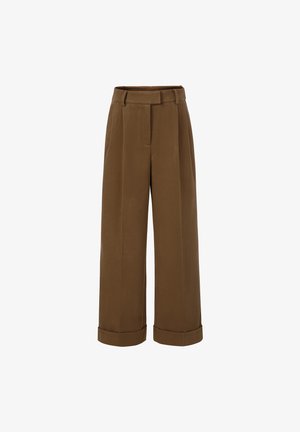 Hoge taille bruine wijde broek met riemlussen, voorplooien, verborgen ritssluiting en omslagzoom.