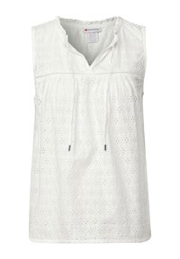 Witte mouwloze blouse met een oogletpatroon, V-hals en een trekkoord aan de voorkant. Zachte textuur, relaxte pasvorm en golvende randen bij de halslijn.