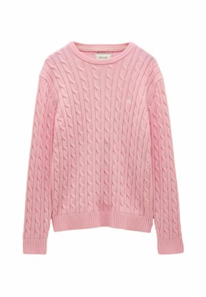 Pinkes Pullover mit Zopfmuster, langärmlig, Rundhalsausschnitt sowie Rippbündchen an Ärmeln und Saum, hergestellt von der Marke Joules.