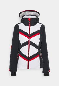 Veste de ski noire, blanche et rouge avec motif chevron, fermeture à glissière devant, capuche réglable et poches pour les mains avec fermetures éclair.