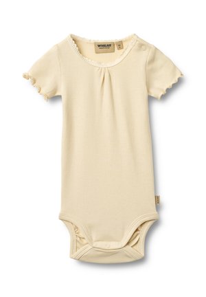 Dětské body s krátkým rukávem, žebrované, v jemné krémové barvě. Má ozdobný vroubkovaný lem a zapínání na patentky na rameni a dole.