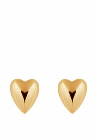 Złote kolczyki w kształcie serca z błyszczącym wykończeniem, charakteryzujące się gładką fakturą i wyraźnym, spiczastym końcem u podstawy każdego serca.