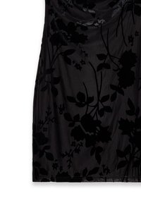 Black dress with a floral velvet pattern, featuring a soft texture, fitted shape, and a draped neckline for added detail.