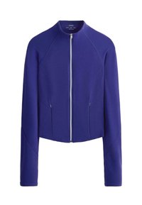 Veste à manches longues bleu foncé avec fermeture éclair, col montant et poches zippées à l'avant, coutures ajustées pour une coupe cintrée.