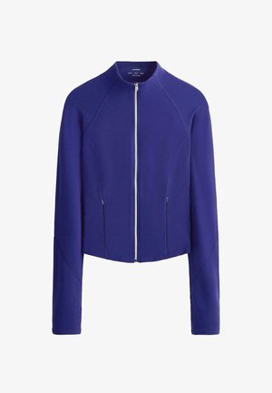 Dlhá bunda s dlhým rukávom, tmavomodrá, so zipsom, vysokým golierom a vreckami na zips vpredu, strihaná na mieru pre priliehavý tvar.