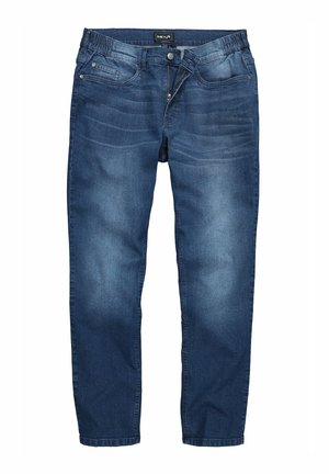 Pantalones vaqueros de mezclilla azul oscuro con un acabado ligeramente deslavado, cintura elástica, diseño tradicional de cinco bolsillos y piernas ajustadas.