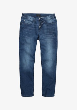 Dunkelblaue Jeans aus Denim mit leicht verwaschenem Finish, elastischem Bund, traditionellem 5-Taschen-Design und schmal zulaufenden Beinen.