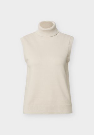 Pulover bej fără mâneci, cu guler înalt tricotat și tiv cu dungi, prezentat pe un fundal alb simplu.