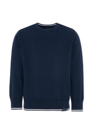 Pull bleu marine à col rond avec manches longues, poignets et ourlet côtelés, et légère bordure blanche sur les poignets et le bord inférieur.