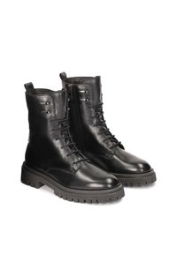 Black leather ankle boots with a chunky sole, featuring a front lace-up closure and a side zipper for ease of wear. Textured finish.