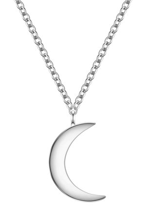 Collana in argento con pendente a forma di luna crescente, superficie liscia e finitura riflettente uniforme.