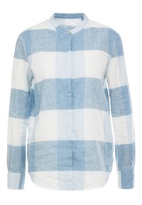 Ljusblå och vit rutigt skjorta med knappar, tillverkad av linne, har långa ärmar, en ståkrage och en rak fåll med subtil textur.