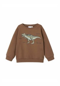 Sweatshirt marron en tissu doux avec un col rond, arborant un graphisme de dinosaure et un texte associé en bleu et noir. Poignets et ourlet en côte.