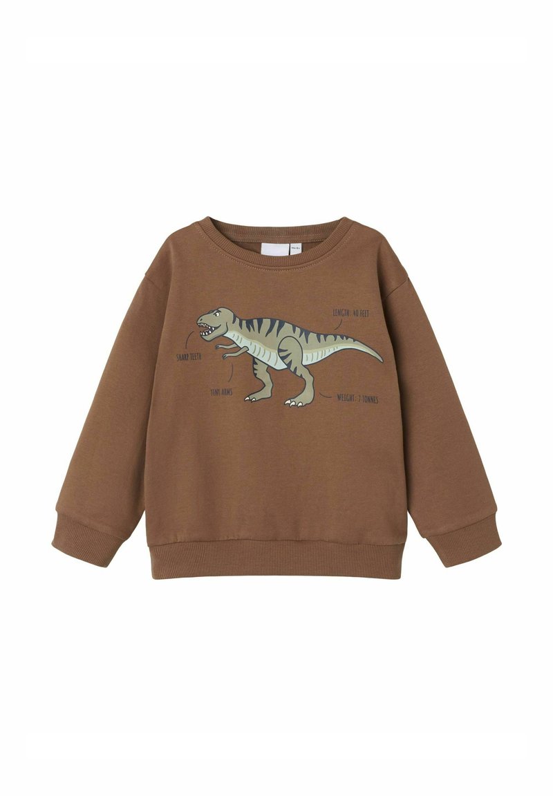 Sweatshirt marron en tissu doux avec un col rond, arborant un graphisme de dinosaure et un texte associé en bleu et noir. Poignets et ourlet en côte.