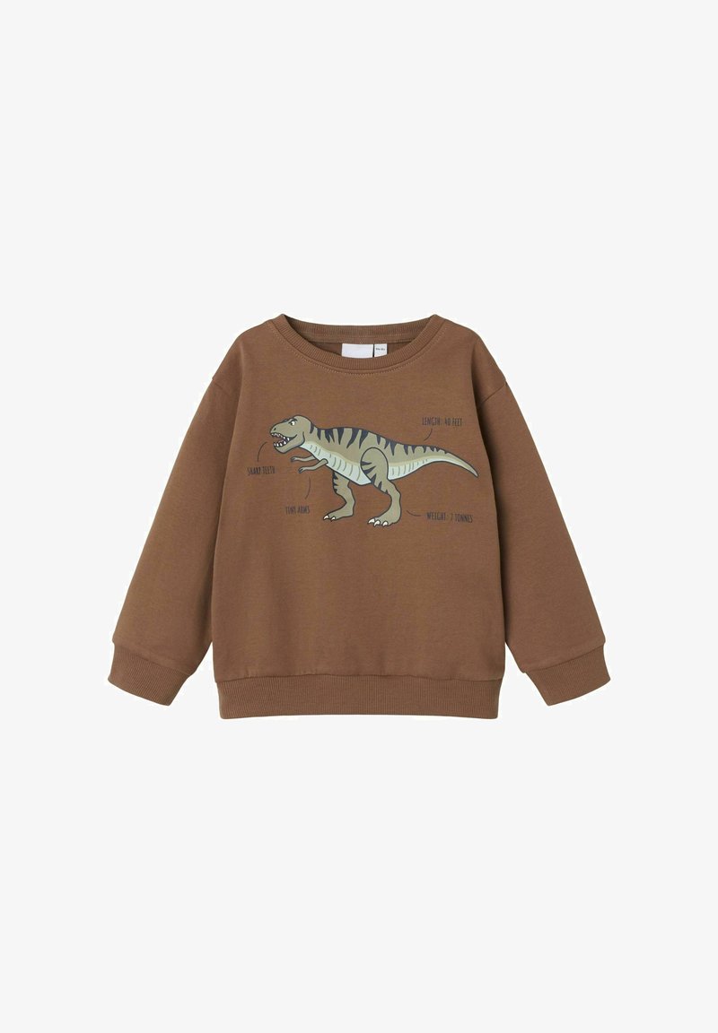 Sweatshirt marron en tissu doux avec un col rond, arborant un graphisme de dinosaure et un texte associé en bleu et noir. Poignets et ourlet en côte.