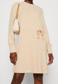Robe en tricot beige à manches longues, col rond et détail de taille avec cordon. Texture lisse avec un motif subtil.
