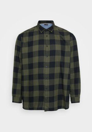 Green and black checked shirt with long sleeves, buttoned front, and a classic collar. Made of lightweight fabric with a smooth texture.