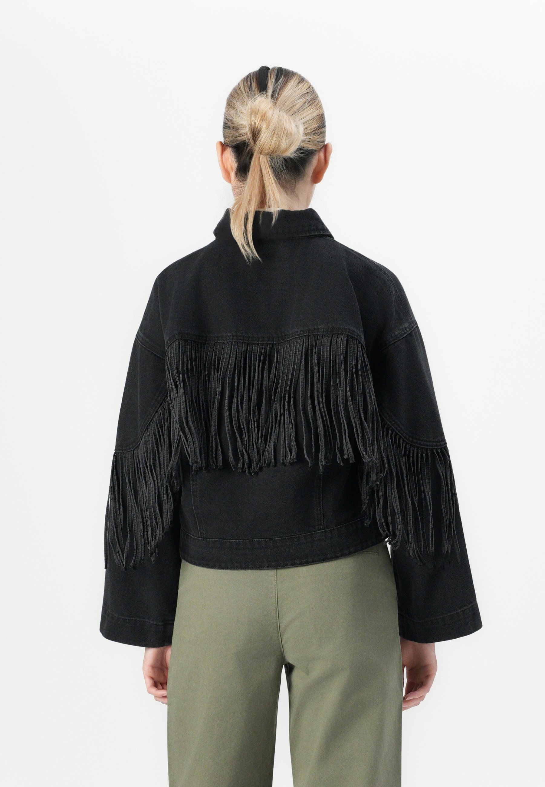 YAS YASAIKO FRINGE JACKET - Denim jacket - dark grey denim/grey