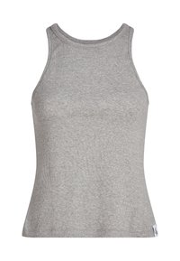 Top in maglia grigia con collo alto e design senza maniche. Presenta un orlo dritto e una piccola etichetta in basso a destra.