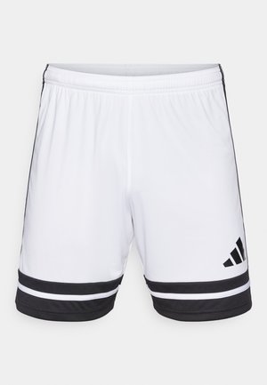 White athletic shorts with black horizontal stripes at the hem and black Adidas logo. Elastic waistband for adjustable fit.