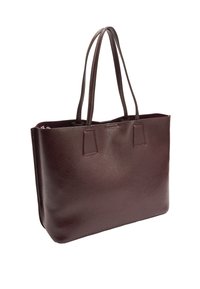 Ciemnobordowa torba typu tote ze skóry z dwoma długimi uchwytami, o prostokątnym kształcie, gładkiej fakturze i minimalistycznym designie. Zapięcie na suwak u góry.