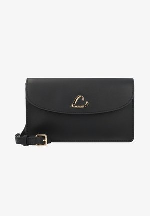Black leather wallet with a flap closure, gold accent logo, and adjustable strap; smooth texture with clean lines and minimal detailing.