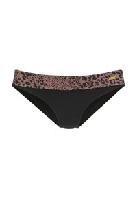 Melna bikini apakša ar plašu leoparda raksta gumiju rozā un melnā krāsā. Izgatavota no gludas auduma ar minimālu šuvju detaļu skaitu.