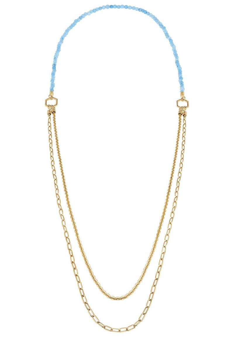 Collana di perline blu con design a catena dorata, caratterizzata da due catene allungate e collegate e un chiusura esagonale.