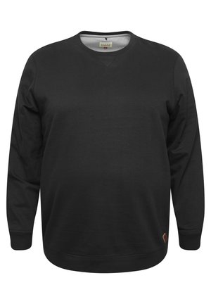Black sweatshirt with long sleeves, crew neck, and soft texture. Features a small logo tag on the lower side. Simple design, no patterns.