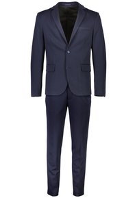 Traje azul marino con un diseño entallado, cierre de un botón, dos bolsillos delanteros y una tela suave con un ligero brillo.