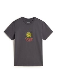 Ciemnoszary bawełniany T-shirt z żółtą grafiką słońca z twarzą i promieniami oraz czerwonym napisem "VANS" pod wzorem. Okrągły dekolt, krótkie rękawy.
