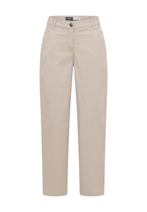 Pantalon beige à jambes droites avec fermeture avant à boutons et fermeture éclair, passants pour ceinture et poches avant, présenté sur un fond blanc.