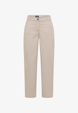 Pantaloni beige a gamba dritta con chiusura frontale con bottone e cerniera, passanti per cintura e tasche frontali, mostrati su uno sfondo bianco.