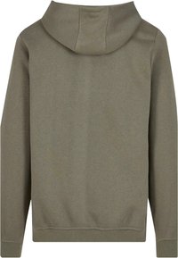 Sudadera con capucha en verde oliva, fabricada en una suave mezcla de algodón. Presenta un diseño simple con un corte relajado y puños acanalados en las mangas y el dobladillo.