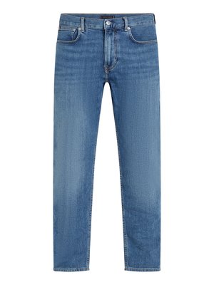 Modré džíny z denimu se střihem rovného nohavice, pěti kapsami, prošívanými detaily a knoflíkovým zapínáním v pase.