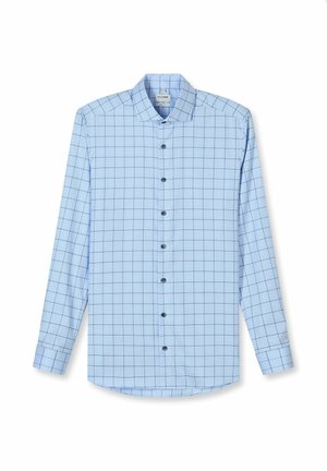 Hellblaues langärmeliges Hemd zum Knöpfen mit schwarzem Fensterkaromuster und klassischem Kragen, flach auf einem weißen Hintergrund liegend.