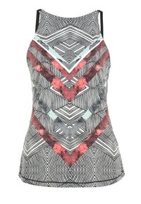 Zwart-witte tanktop met geometrische patronen in rood en teal; heeft dunne schouderbandjes en een losse pasvorm.