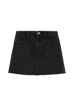 Sort denim mini-nederdel med en flared form, har en knaplukning, to forlommer og frynsede kanter. Teksturstof med en glat overflade.