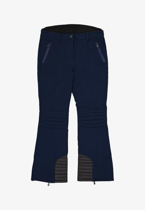 Pantalon de neige bleu marine avec poches avant zippées, panneaux côtelés aux genoux et poignets noirs renforcés en bas des jambes.