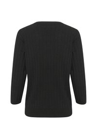 Maglione nero a costine con maniche a tre quarti e scollatura ampia, caratterizzato da un motivo testurizzato su tutta la superficie e un orlo aderente.