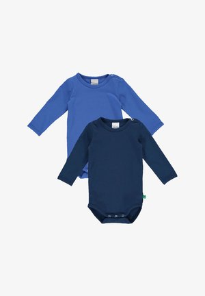 Twee lange mouwen bodysuits: één in felblauw met een ronde hals en schouderdrukknoop, en één in donker marineblauw met drukknoopsluitsingen aan de onderkant.