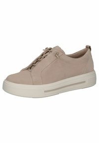 Beige suede sneaker with rounded toe, tonal laces, and silver accents. Thick white sole with two horizontal cutouts for design detail.