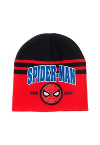 Rode en zwarte gebreide beanie met een Spider-Man-logo, vet blauwe tekst "SPIDER-MAN" en zwarte strepen bij de zoom.