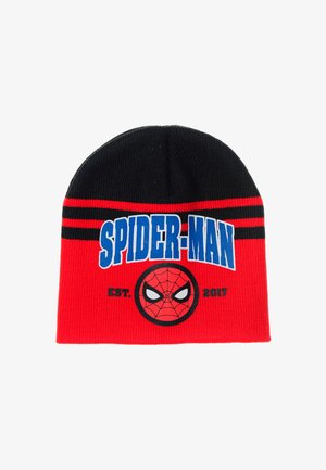 Rode en zwarte gebreide beanie met een Spider-Man-logo, vet blauwe tekst "SPIDER-MAN" en zwarte strepen bij de zoom.