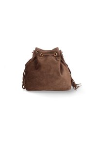 Borsa a secchiello in suede marrone con chiusura a coulisse e dettagli frangiati sui lati. Texture morbida e forma arrotondata.